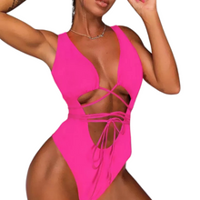 Load image into Gallery viewer, Neon Pink Peekaboo Waist Tie One Piece Swimwear - I Adore Her Palace
